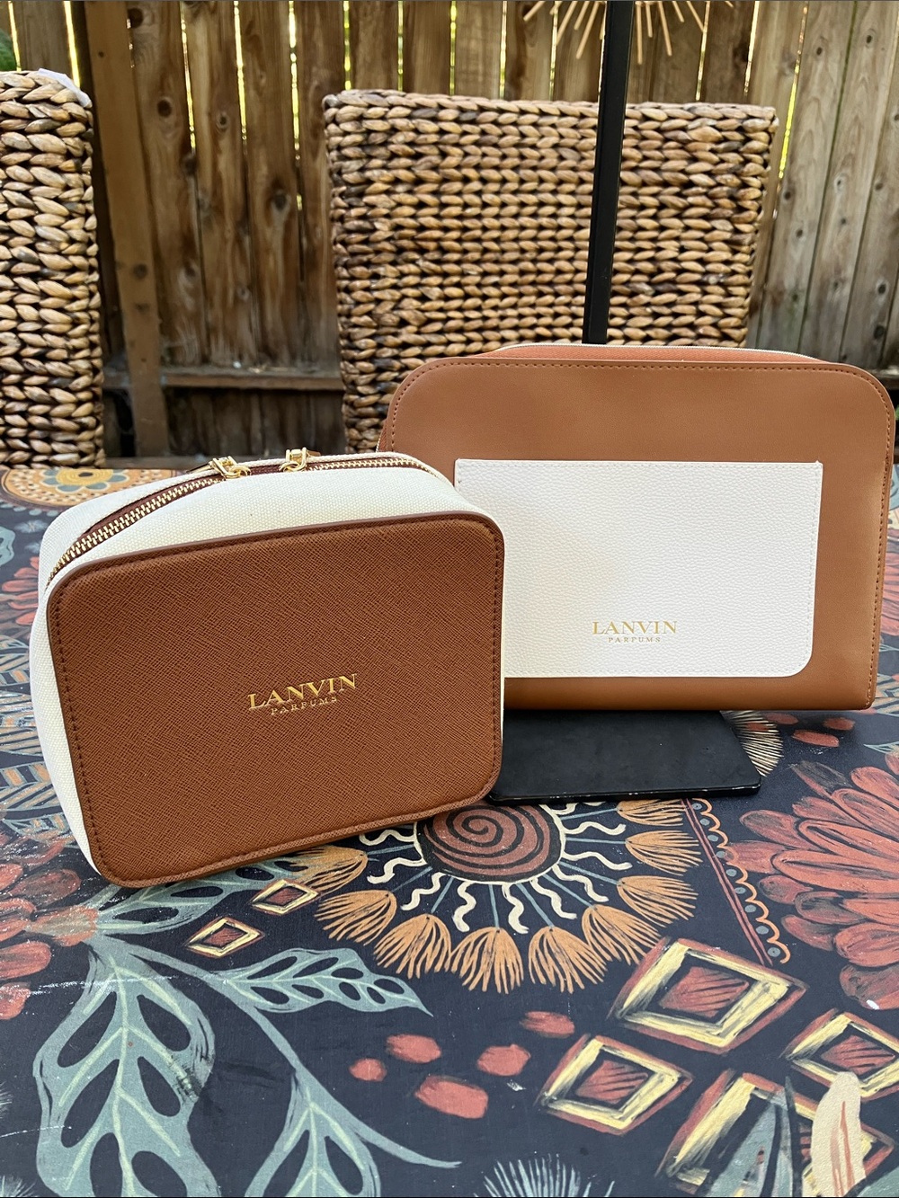 Two LANVIN Parfums Brown and Cream Leather Cosmetic Case
